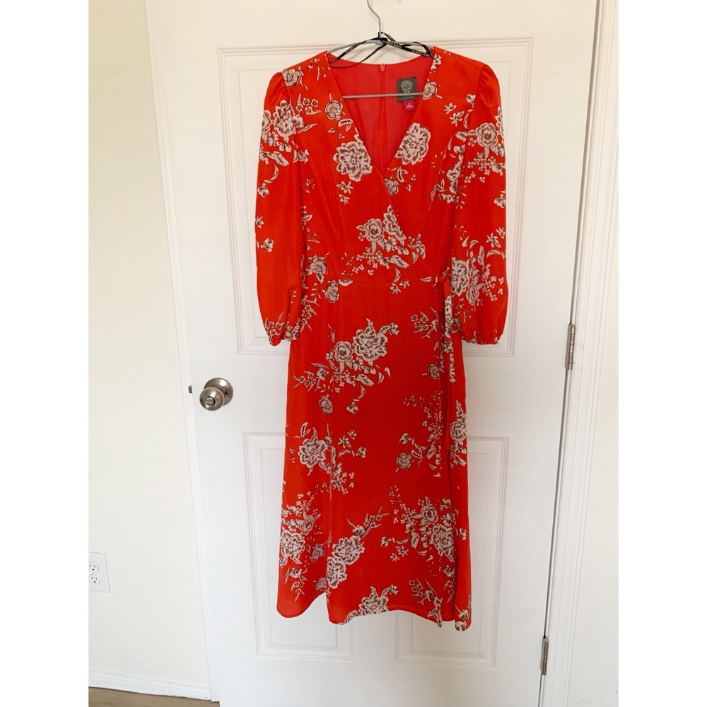 Vince Camuto Red Long Sleeve V-Neck Sundress